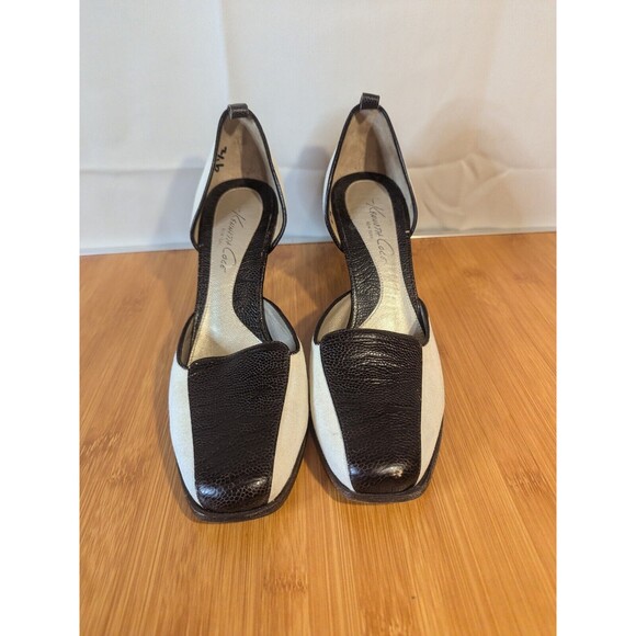 Y2K Kenneth Cole City Linen Heels SZ 9.5 Ivory Brown Leather Spectator [Y10] - Picture 4 of 9